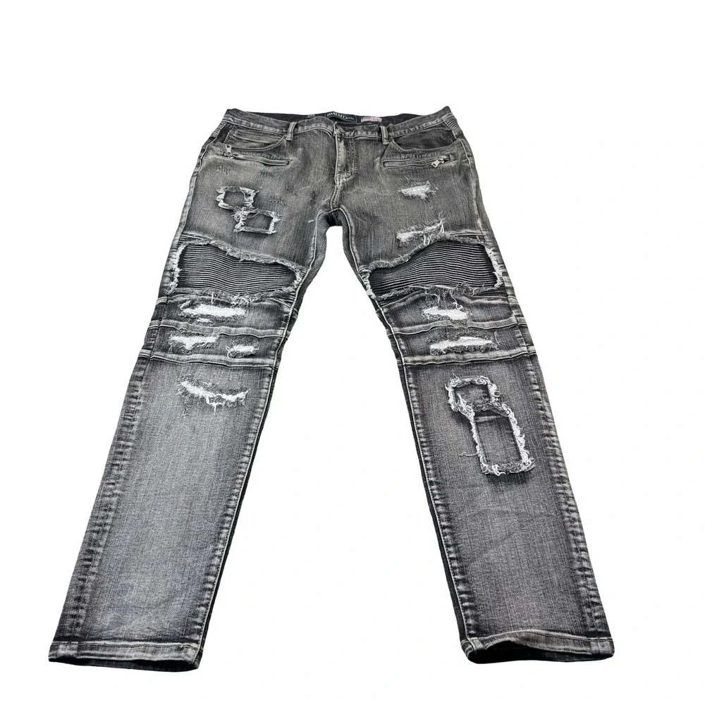 Damati Black Distressed Zipper Fly Mens Streetwear Jeans Size 38x32 Patchwork